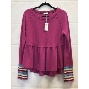 Umgee Magenta Waffle Knit Peplum Top Boho Colorful Cuff Long Sleeve Sample